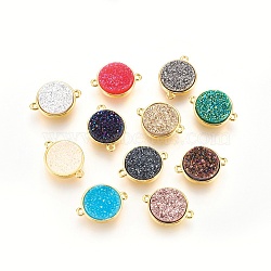 Brass Links connectors, with Druzy Resin, Flat Round, Golden, Mixed Color, 18~19x13.5~14x4.5~5mm, Hole: 1.2mm(KK-O107-05G)