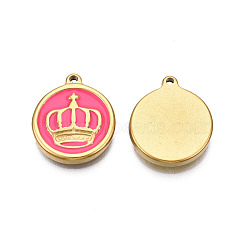 304 Stainless Steel Enamel Pendants, Real 18K Gold Plated, Flat Round with Crown, Hot Pink, 17.5x15x2.5mm, Hole: 1.4mm(STAS-N092-151B)