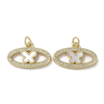 Brass Micro Pave Cubic Zirconia Charms, with Shell, Oval with Butterfly, Real 18K Gold Plated, 13x20x2.5mm, Hole: 3mm