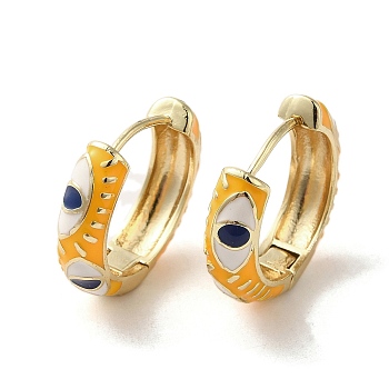 Horse Eye Real 18K Gold Plated Brass Hoop Earrings, with Enamel, Orange, 22~22.5x6mm