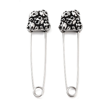 Halloween Skull 316 Surgical Stainless Steel Safety Pin Hoop Earrings for Women, Antique Silver, 43x5x11.5mm