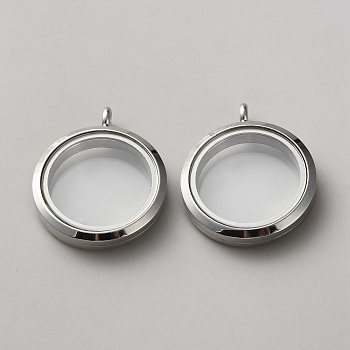 304 Stainless Steel Locket Pendants, with Glass, Flat Round Charm, Stainless Steel Color, 36.5x30x7mm, Hole: 5mm
