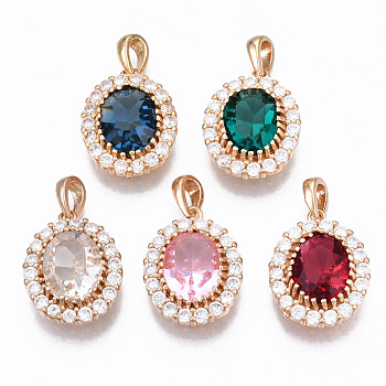 Brass Micro Cubic Zirconia Pendants, Long-Lasting Plated, with Glass, with Snap on Bails, Light Gold, Oval, Mixed Color, 17x13.5x7mm, Hole: 4x2.5mm