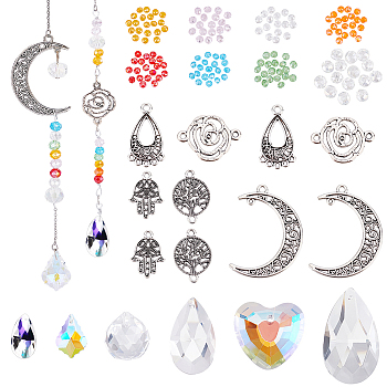 Elite DIY Jewelry Making Finding Kit, Including Teardrop & Leaf & Heart Glass Pendants & Beads, Hamsa Hand & Tree & Flower Alloy Pendants & Links, Mixed Color, 176Pcs/box