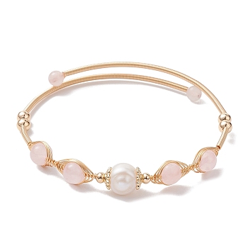 Natural Rose Quartz Round Beaded Cuff Bangle, Golden Brass Wire Wrapped Bangle, Inner Diameter: 2 inch(5~5.15cm)