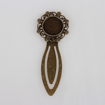 Antique Bronze Iron Bookmark Cabochon Settings, Cadmium Free & Nickel Free & Lead Free, with Alloy Flat Round Tray, 80x30x3mm, Tray: 18mm