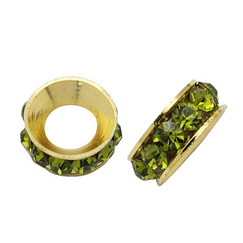 Brass Rhinestone Spacer Beads, Grade A, Rondelle, Golden Metal Color, Olivine, 9x4mm, Hole: 4mm