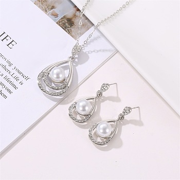 Teardrop Alloy Crystal Rhinestone Stud Dangle Earrings & Pendant Necklaces Sets, with Plastic Imitation Pearl, Platinum, 540mm