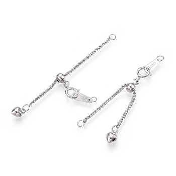 925 Sterling Silver Universal Chain Extender, with S925 Stamp, with Clasps & Curb Chains, Real Platinum Plated, 44mm, Links: 53x1x1mm; Clasps: 7.5x6x1mm; Heart: 6×4×3mm, Label: 8x3x0.5mm.