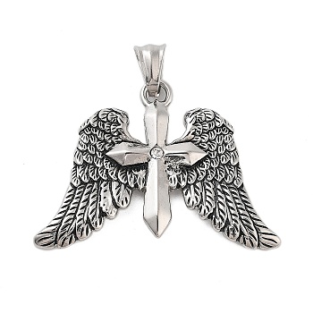 Titanium Steel Pendants, with Rhinestones, Archangel Wings with Cross Charm, Antique Silver, 32x46.5x4mm, Hole: 7x5mm