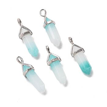 Natural White Jade Pendants, Faceted, with Platinum Tone Brass Findings, Lead free & Cadmium Free, Dyed, Turquoise, Bullet, 27~30x9~10x7~8mm, Hole: 4x3mm