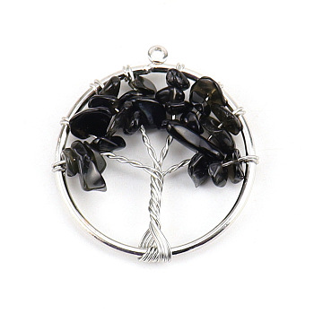 Natural Obsidian Tree fo Life Pendants, Iron Ring Chip Gems Tree Charms, Platinum, 30mm