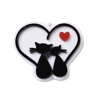 Acrylic Pendants, Heart with Couples Cat, Black, 36.5x41x3.4mm, Hole: 1.5mm