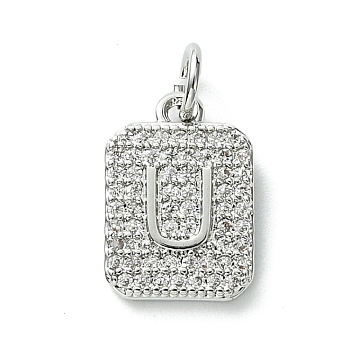 Rack Plating Brass Micro Pave Clear Cubic Zirconia Charms, Long-Lasting Plated, Lead Free & Cadmium Free, Rectangle with Letter Pattern, with Jump Ring, Platinum, Letter U, 14x9.5x2mm, Hole: 3mm