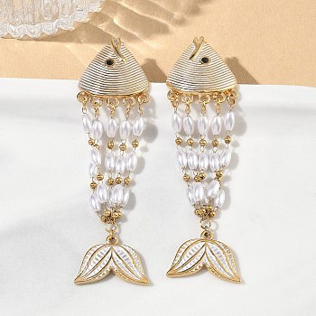 304 Stainless Steel Enamel Stud Earrings for Women, Fish, Plastic Beads Dangle Earrings, Golden, 81x22.5mm