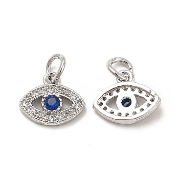 Brass Micro Pave Cubic Zirconia Charms, with Jump Ring, Evil Eye Charm, Platinum, 9x10.5x2mm, Hole: 3.3mm