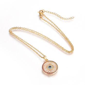 304 Stainless Steel Pendant Necklaces, with Brass Cubic Zirconia Pendants, Flat Round with Eye, Golden, 17 inch(43.2cm), Pendant: 21x18x2.8mm