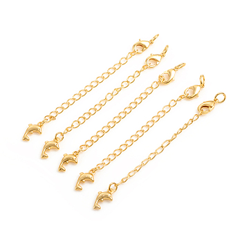 Brass Chain Extender, with Curb Chains and Lobster Claw Clasps, Long-Lasting Plated, Dolphin, Real 14K Gold Plated, 73x3mm, Clasp: 10x6x2.5mm, Jump Ring: 5x1mm, Inner Diameter: 3mm