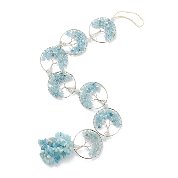 Natural Aquamarine Car Hanging Decorations, with Nylon Cord and Brass Findings, Round Ring with Tree of Life, 535~560mm