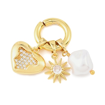 Brass Micro Pave Clear Cubic Zirconia with Plastic Imitation Pearl Pendants, Heart with Sun Charms, Real 14K Gold Plated, 29.5mm, Hole: 8.5mm