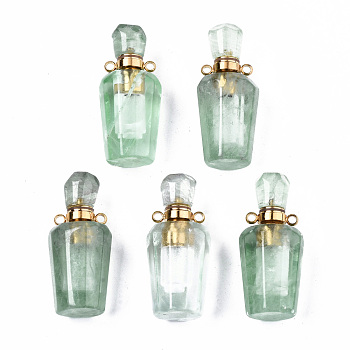 Faceted Natural Fluorite Pendants, Openable Perfume Bottle, with Golden Tone Brass Findings, Bottle, 36x15.5x15mm, Hole: 1.8mm, Bottle Capacity: 1ml(0.034 fl. oz)