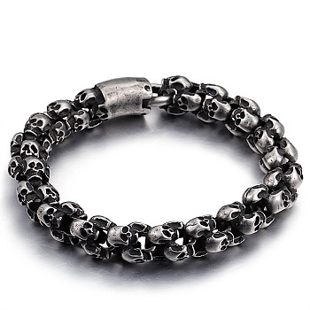 Titanium Steel Skull Link Chain Bracelet for Men, Antique Silver, 9-5/8 inch(24.5cm)