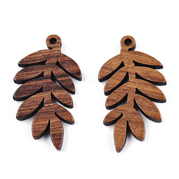 Natural Walnut Wood Pendants, Undyed, Leaf Charm, Camel, 30.5x17x2.5mm, Hole: 1.6mm