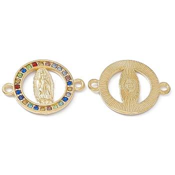 Religion Alloy Connector Charms, with Colorful Rhinestone, Flat Round Links with Virgin Pattern, Light Gold, 18x24x2mm, Hole: 1.8mm
