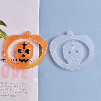Halloween DIY Pumpkin Lampt with Skull Pendant Silicone Molds, Resin Casting Molds, For UV Resin, Epoxy Resin Jewelry Making, White, 73x82x11mm, Hole: 3mm, Inner Size: 66x76mm