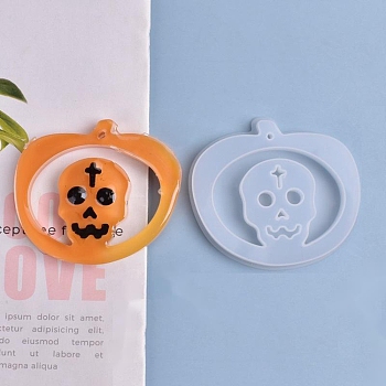 Halloween DIY Pumpkin Lampt with Skull Pendant Silicone Statue Molds, Resin Casting Molds, For UV Resin, Epoxy Resin Jewelry Making, White, 73x82x11mm, Hole: 3mm, Inner Size: 66x76mm