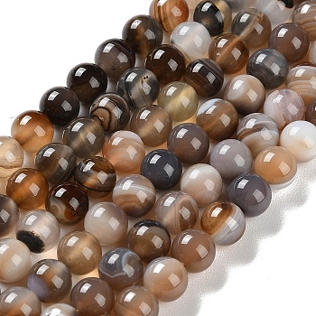 Natural Striped Agate/Banded Agate Beads Strands, Dyed, Round, Camel, 8mm, Hole: 1.2mm, about 24pcs/strand, 7.48''(19cm)
