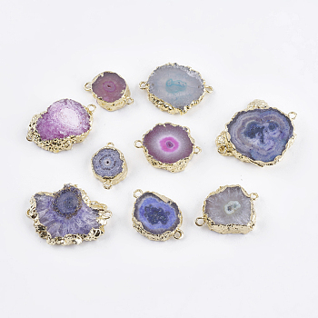 Natural Druzy Agate Links connectors, with Brass Finding, Golden, Mixed Color, 17~29x11.5~26x4~9mm, Hole: 1mm