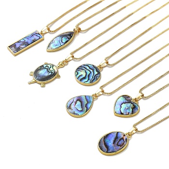 Rack Plating Natural Paua Shell Pendants Necklace, Brass Box Chain Necklaces, Mixed Shapes, 17.72 inch(45cm), Pendants: 19~31.5x9~23mm