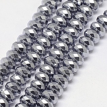 Electroplate Non-magnetic Synthetic Hematite Beads Strands, Faceted, Rondelle, Grade A, Platinum Plated, 8x4mm, Hole: 1.2mm, about 83pcs/strand, 16 inch