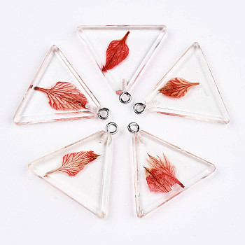 Resin Pendants, with Dried Flower Inside and Iron Findings, Triangle, Platinum, Crimson, 26.5x28x4.5mm, Hole: 2mm