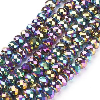 Electroplate Glass Beads Strands, Faceted, Rondelle, Multi-color Plated, 10x7mm, Hole: 1mm, about 70~72pcs/strand, 18 inch