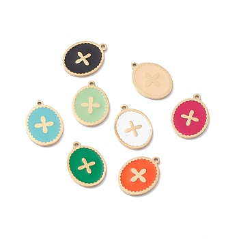 Ion Plating(IP) 304 Stainless Steel Pendants, with Enamel, Real 24K Gold Plated, Oval with Cross, Mixed Color, 13.5x10x1mm, Hole: 1mm