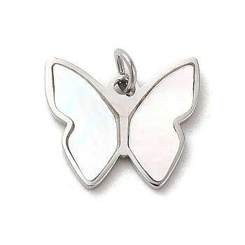 304 Stainless Steel with Shell Butterfly Charms, Stainless Steel Color, 8.6x10x0.9mm, Hole: 1.8mm