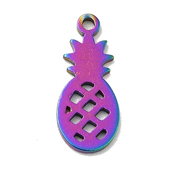 Ion Plating(IP) 201 Stainless Steel Pendants, Pineapple Charms, Rainbow Color, 16x7x1mm, Hole: 1.2mm