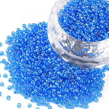 12/0 Grade A Round Glass Seed Beads, Transparent Colours Rainbow, Sky Blue, 12/0, 2x1.5mm, Hole: 0.9mm, about 30000pcs/bag