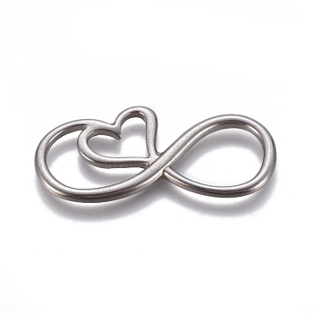 304 Stainless Steel Pendants/Links, Infinity with Heart, Stainless Steel Color, 40x19x2.5mm