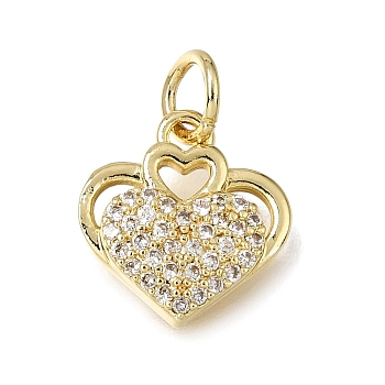 Brass Micro Pave Clear Cubic Zirconia Charms, with Jump Ring, Heart Charms, Rack Plating, Long-Lasting Plated, Cadmium Free & Lead Free, Real 18K Gold Plated, 12x12x3mm, Hole: 3mm