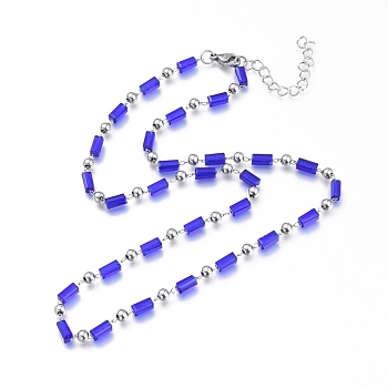 304 Stainless Steel Beaded Necklace, with Rectangle Glass Beads and Lobster Claw Clasps, Blue, 19.09 inch(48.5cm)