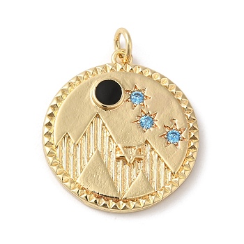 Rack Plating Brass Micro Pave Cubic Zirconia Enamel Pendants, with Jump Ring, Lead Free & Cadmium Free, Flat Round Mountain Charm, Real 18K Gold Plated, 24x22x3mm, Hole: 3.5mm