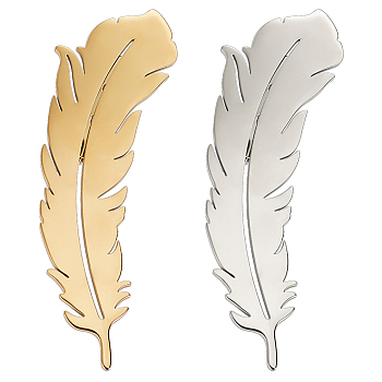 2Pcs 2 Colors 201 Stainless Steel Feather Lapel Pin, Creative Badge for Backpack Clothes, Golden & Stainless Steel Color, 82x26x7mm, Pin: 0.7mm, 1Pc/color