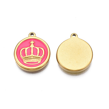 304 Stainless Steel Enamel Pendants, Real 18K Gold Plated, Flat Round with Crown, Hot Pink, 17.5x15x2.5mm, Hole: 1.4mm