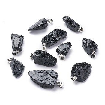 Natural Black Tourmaline Pendants, Rough Raw Stone, with Brass Bails, Long-Lasting Plated, Nuggets, Platinum, 19~29.5x12.5~23x5.3~9.5mm, Hole: 3.9x3.7mm