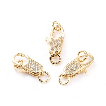 Brass Micro Pave Clear Cubic Zirconia Lobster Claw Clasp, with Jump Rings, Long-Lasting Plated, Real 18K Gold Plated, 16x8x4mm, Hole: 3.2mm