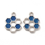 Alloy Enamel Pendants, Honeycomb Charm, Platinum, Steel Blue, 19x15x1.5mm, Hole: 2mm(ENAM-J650-06P-06)