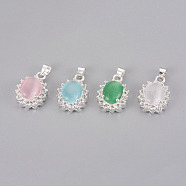 Cat Eye Pendants, with Rhinestone and Brass Findings, Oval, Silver Color Plated, Mixed Color, 18x13x7mm, Hole: 4mm(KK-F793-44)